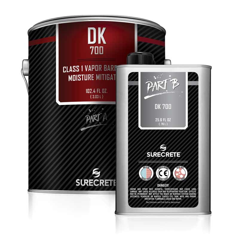 New for 2017: SureCrete's DK 700 is a class 1 moisture barrier and vapor blocker for concrete floors. This moisture blocker can be applied between 3 to 5 mils making a gallon go over 300 square feet depending on concrete floors surface conditions. Used as a primer coat, DK 700 will help keep moisture and air from coming up from concrete floors, eliminating unwanted bubbles and pinholes when applying epoxy, polyurethane floor coatings.